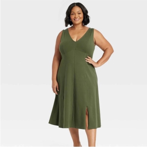 Ava & Viv Dresses & Skirts - 🆕AVA & VIV A Line Sleeveless Olive Front Slit MIDI Stretch Dress Var Sizes | NWT